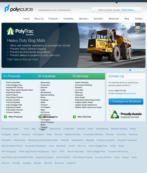 The Polysource Australia home page as a phone renders it today, with the full desktop layout shrunk to fit and three columns of menu links filling the screen.